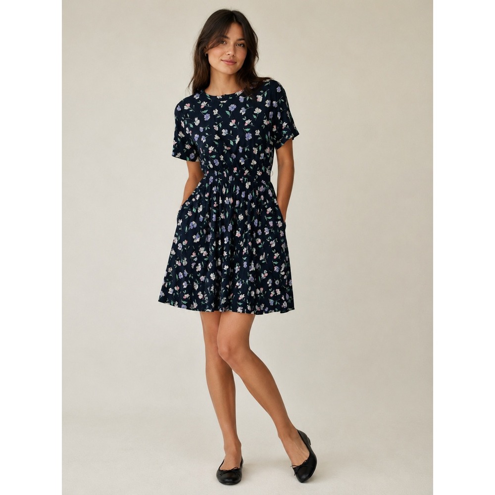 90s Bedford Fair Floral Rayon Mini Dress Petite‎ 4 Navy Blue Cottagecore USA